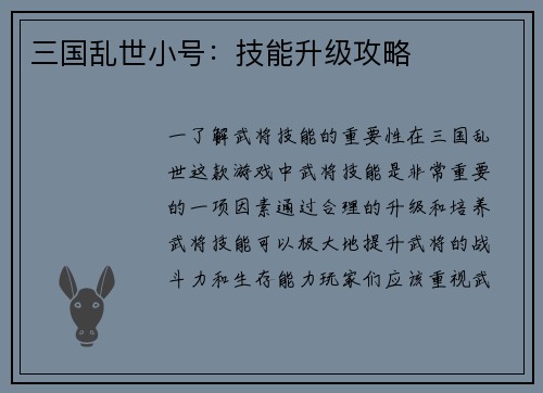 三国乱世小号：技能升级攻略